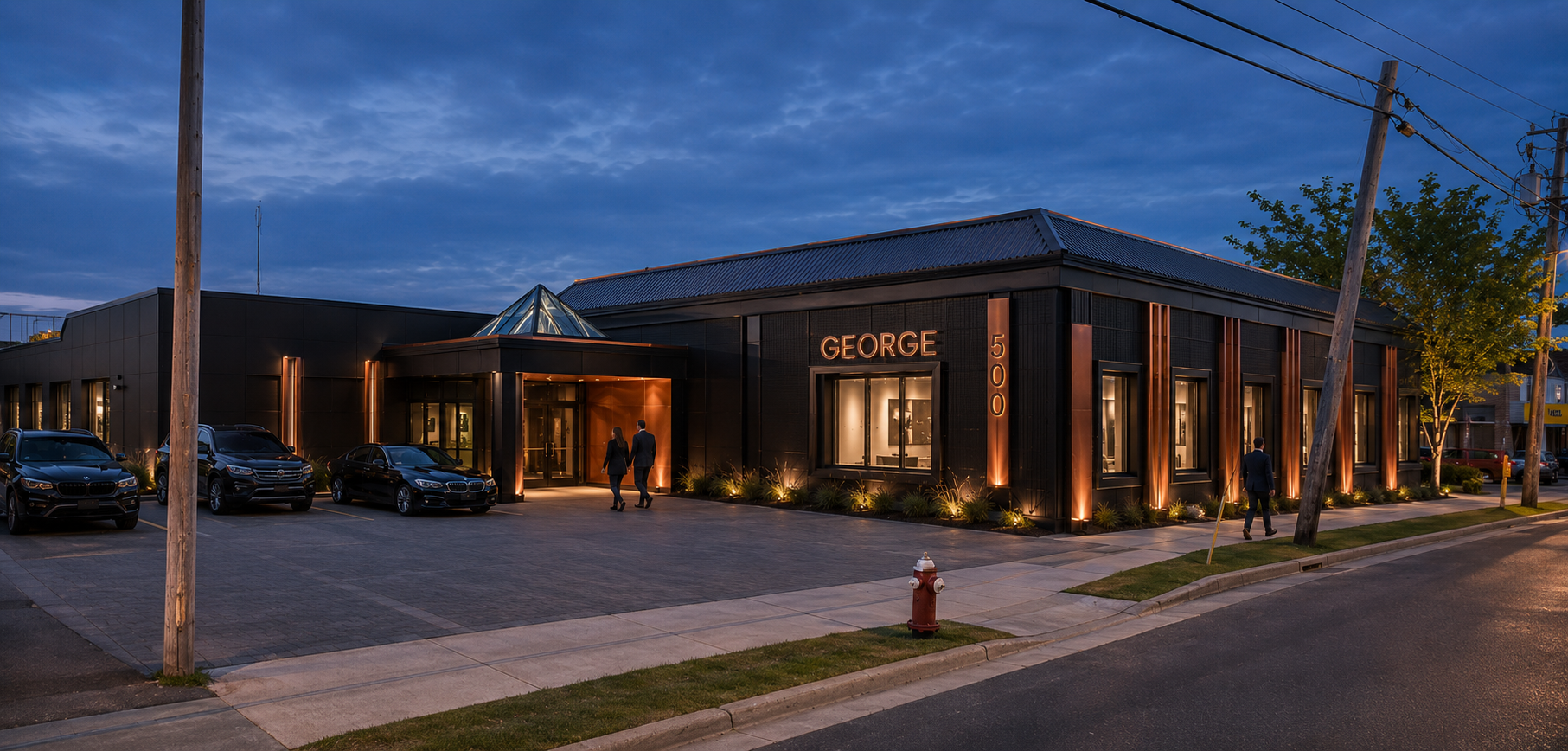 500 George Street building exterior at dusk